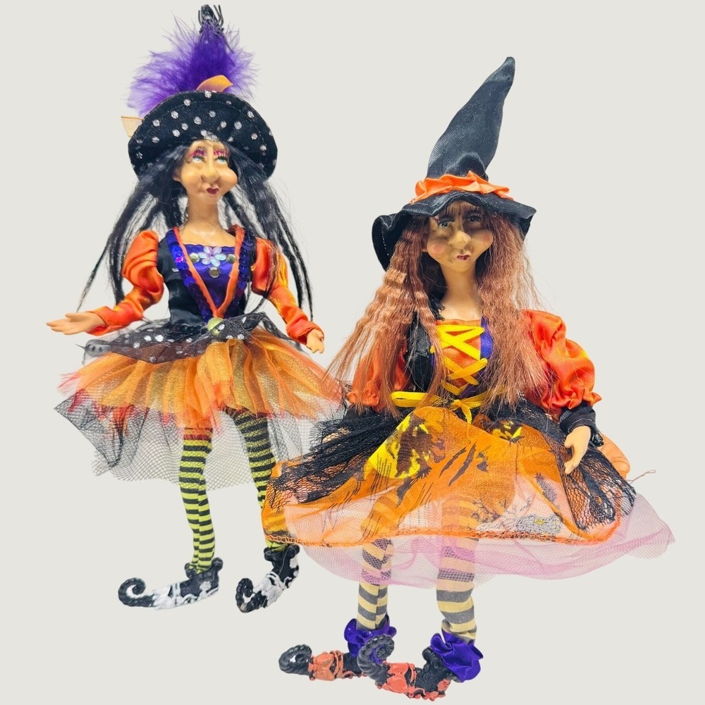 RAZ Imports 13.5in Orange Black Witch Shelf Sitter Dolls Lot 2 Hanging Whimsical